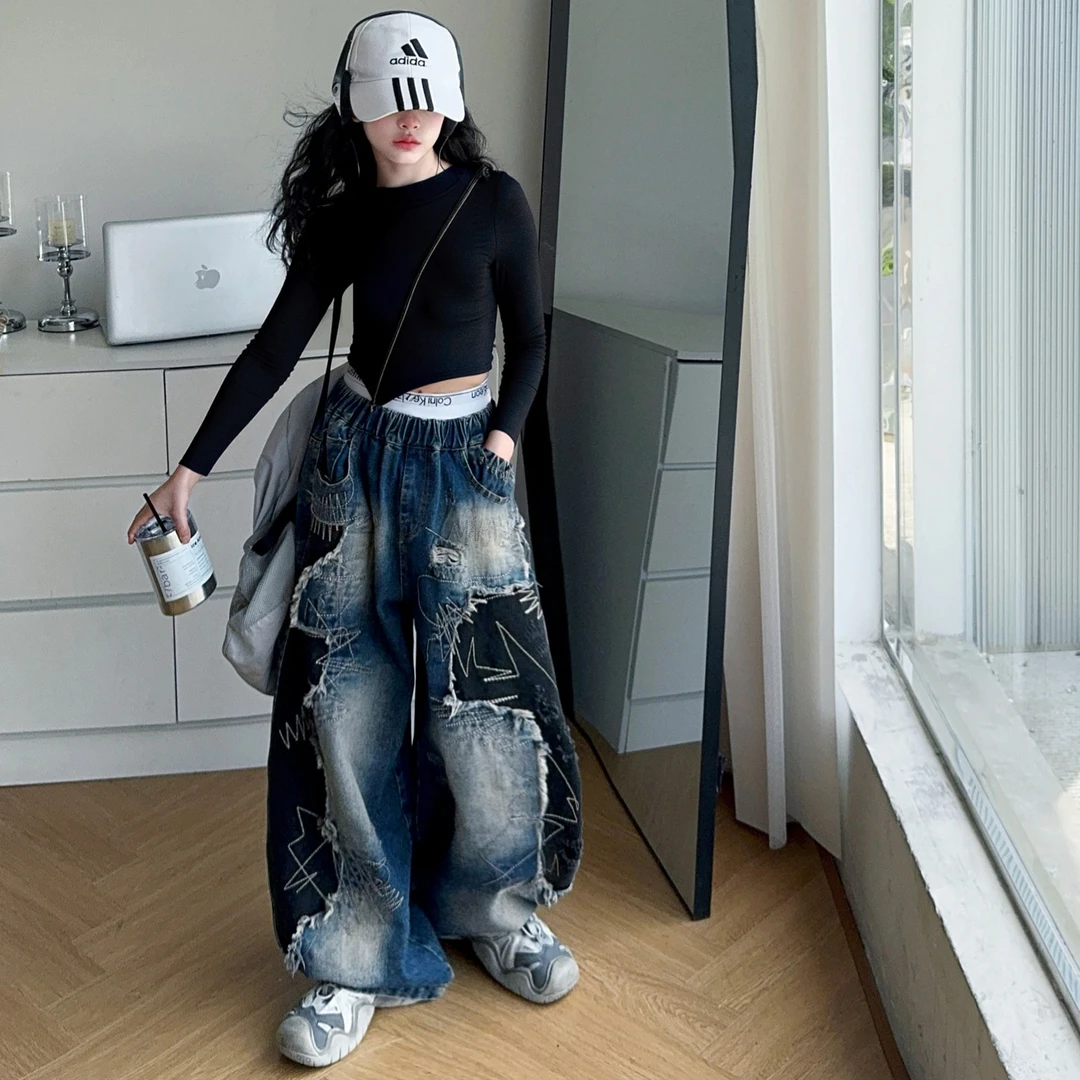 【酷哒仔】女童潮酷范黑色长袖上衣绣花拼接牛仔裤子两件套装2025秋