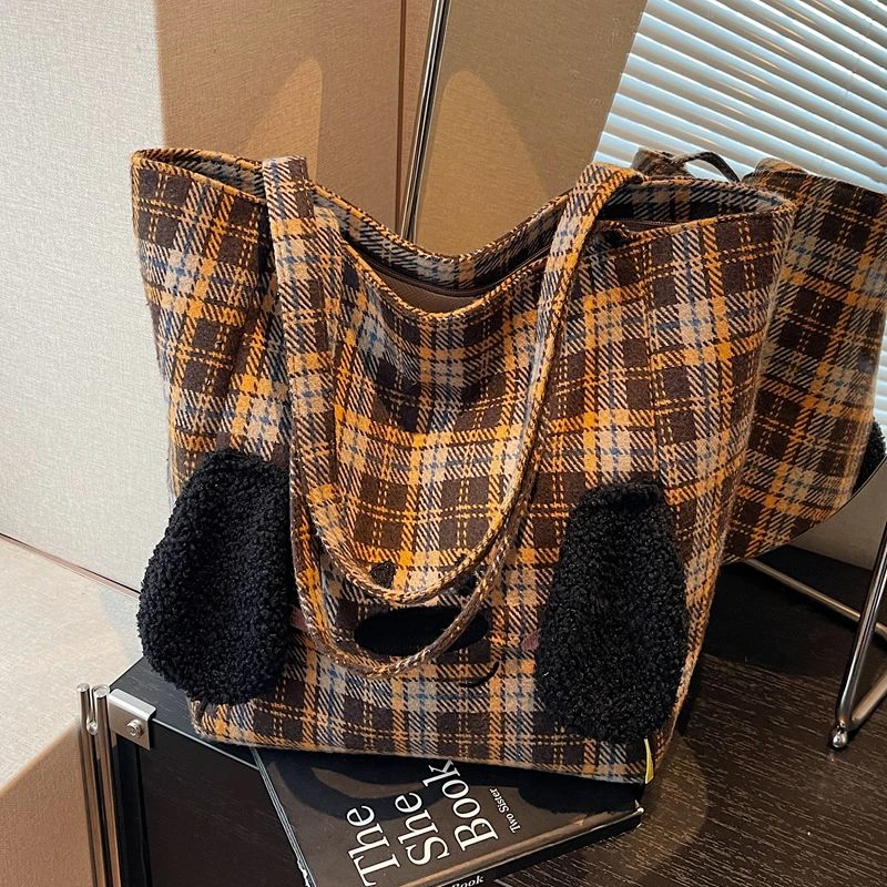 2025新款大容量休闲格子包包女式百搭单肩包通勤手提托特包购物袋