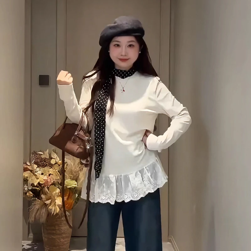 大码蕾丝花边白色打底衫女2025新款秋冬胖MM显瘦上衣正肩T恤71835