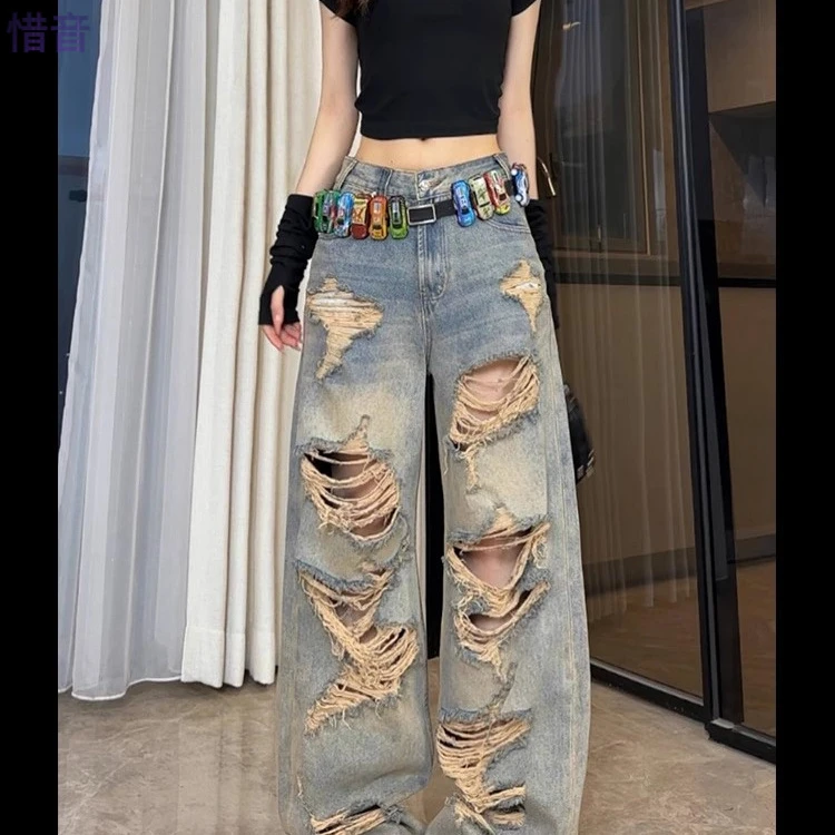 废土风做旧美式破洞牛仔裤2025年夏季新款痞帅复古阔腿长裤
