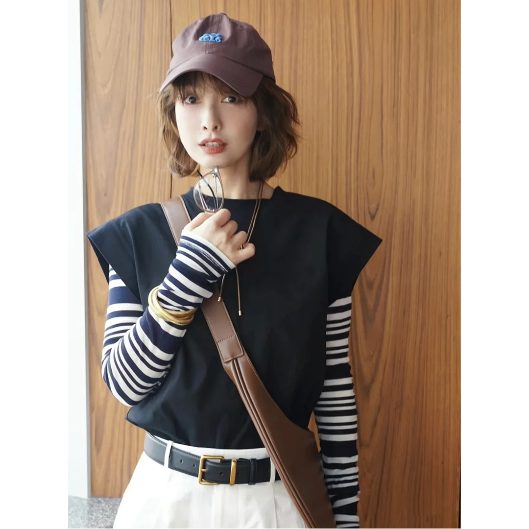 【诗意】吴昕同款时尚百搭设计感简约条纹两件套上衣.Y901