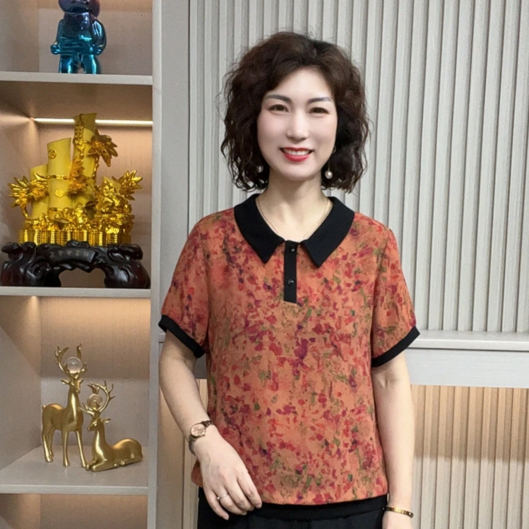 妈妈装流行欧若拉时尚潮牌女装宽松夏装女士独特漂亮小衫休闲短袖