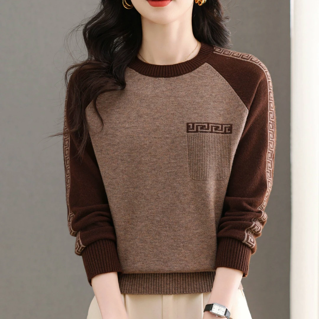 2025女士拼色百搭洋气时尚短款套头外搭低圆领针织衫拼色女装