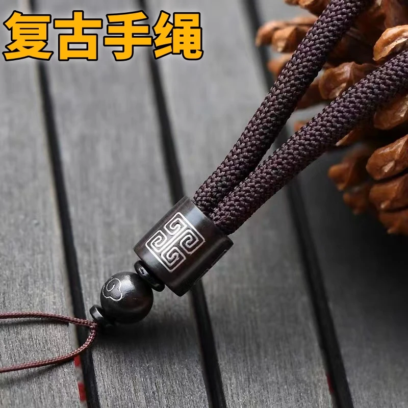 黑檀木防丢手绳弹弓鱼竿挂绳失手绳手把件手腕挂绳玩具挂件