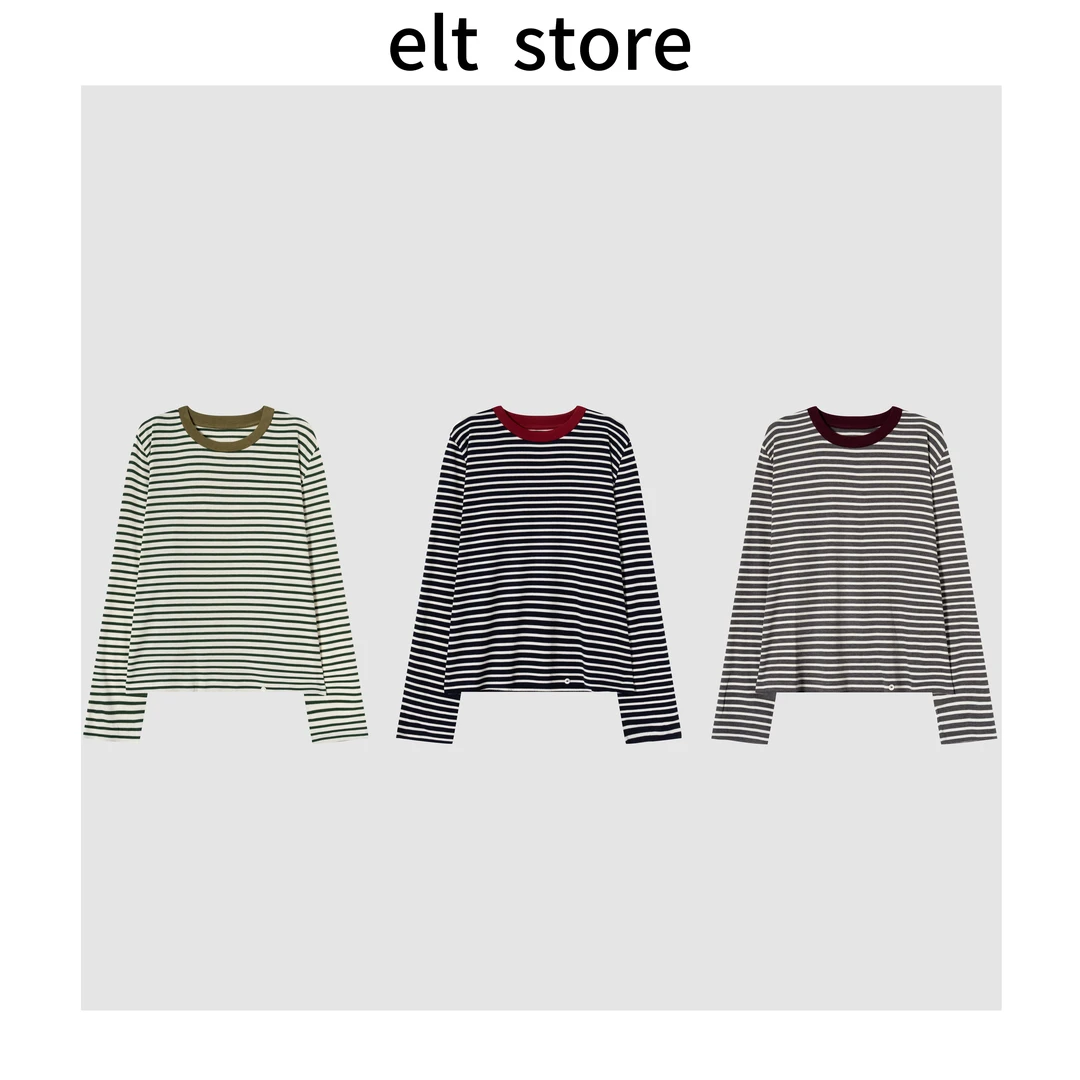 条纹圆领拼色长袖T恤1458