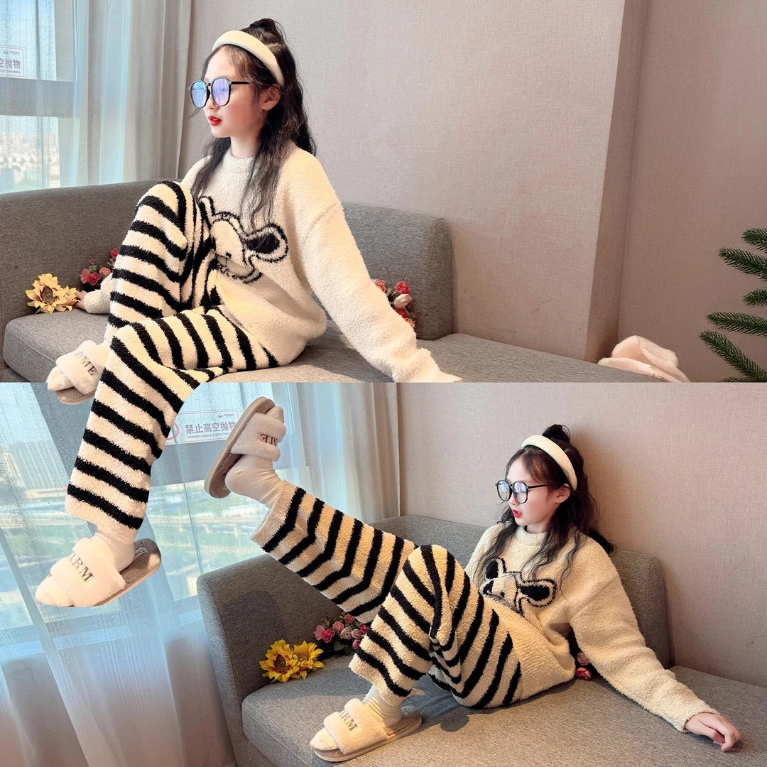 秋冬女童绒睡衣2025新款初中生女孩洋气长袖套装儿童珊瑚绒家居服