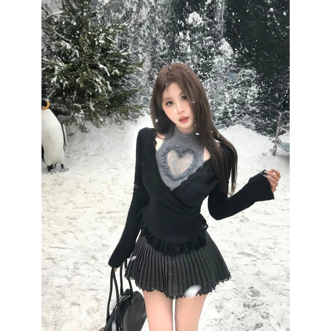 Mejiu蜜九【甜辣心结】秋冬假两件蕾丝心结针织内搭修身打底衫内搭