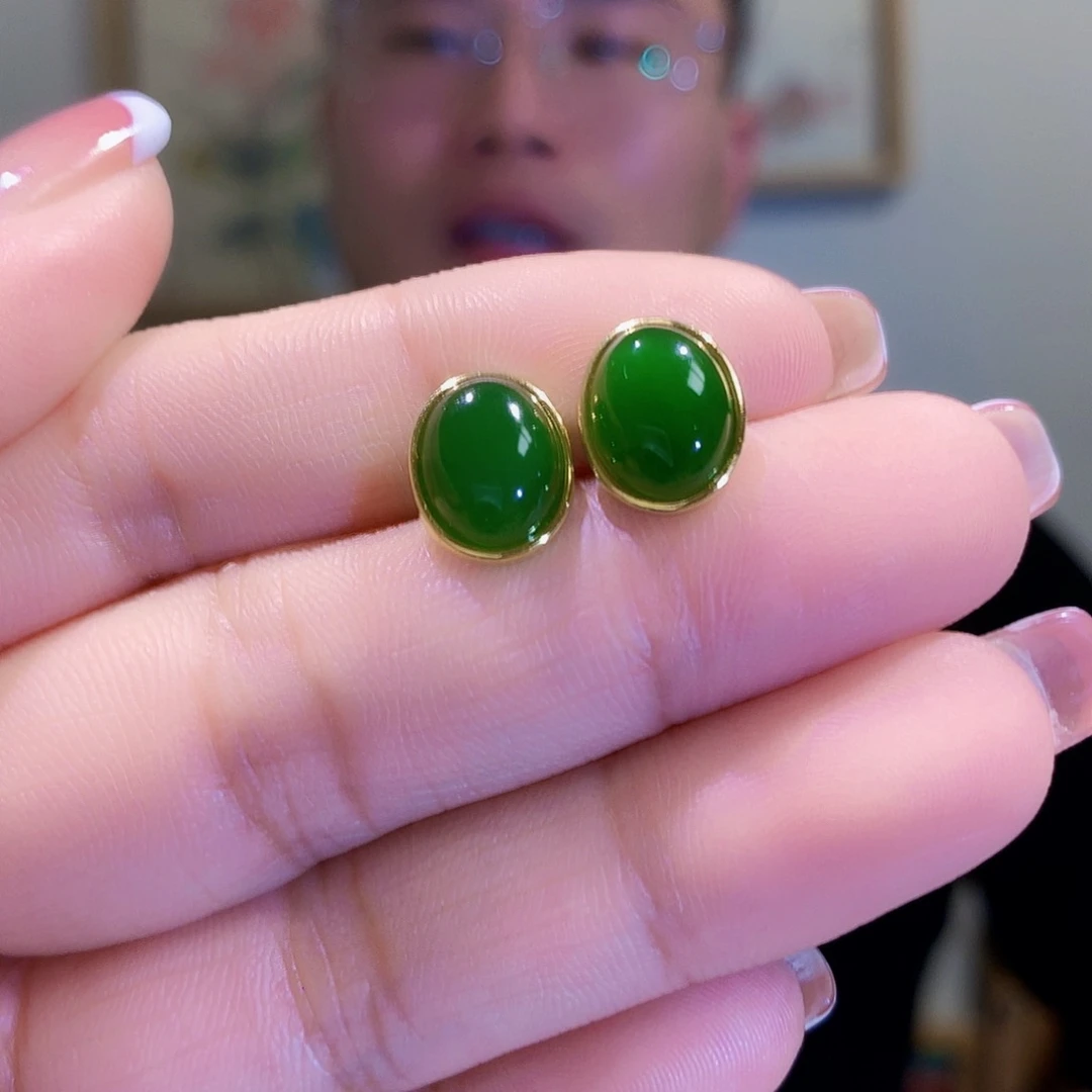 和田玉（碧玉）耳饰银S925镀金镶嵌