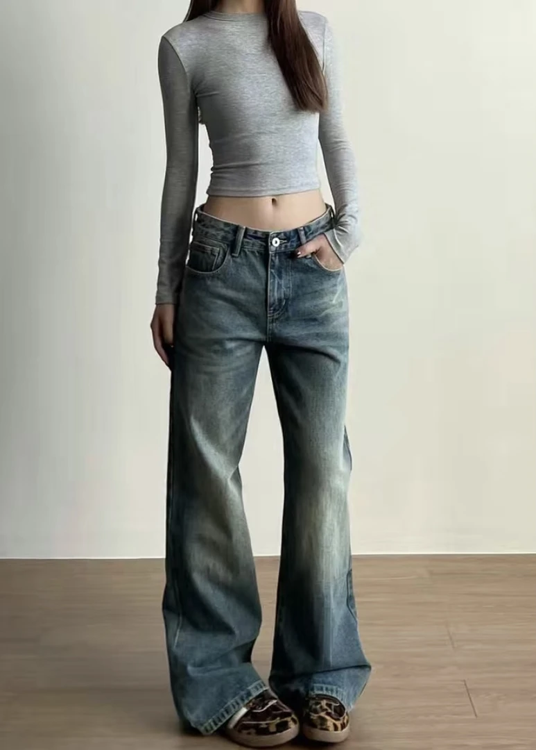 （有瑕疵）过款链接-复古辣妹休闲直筒牛仔裤阔腿不贴腿喇叭裤