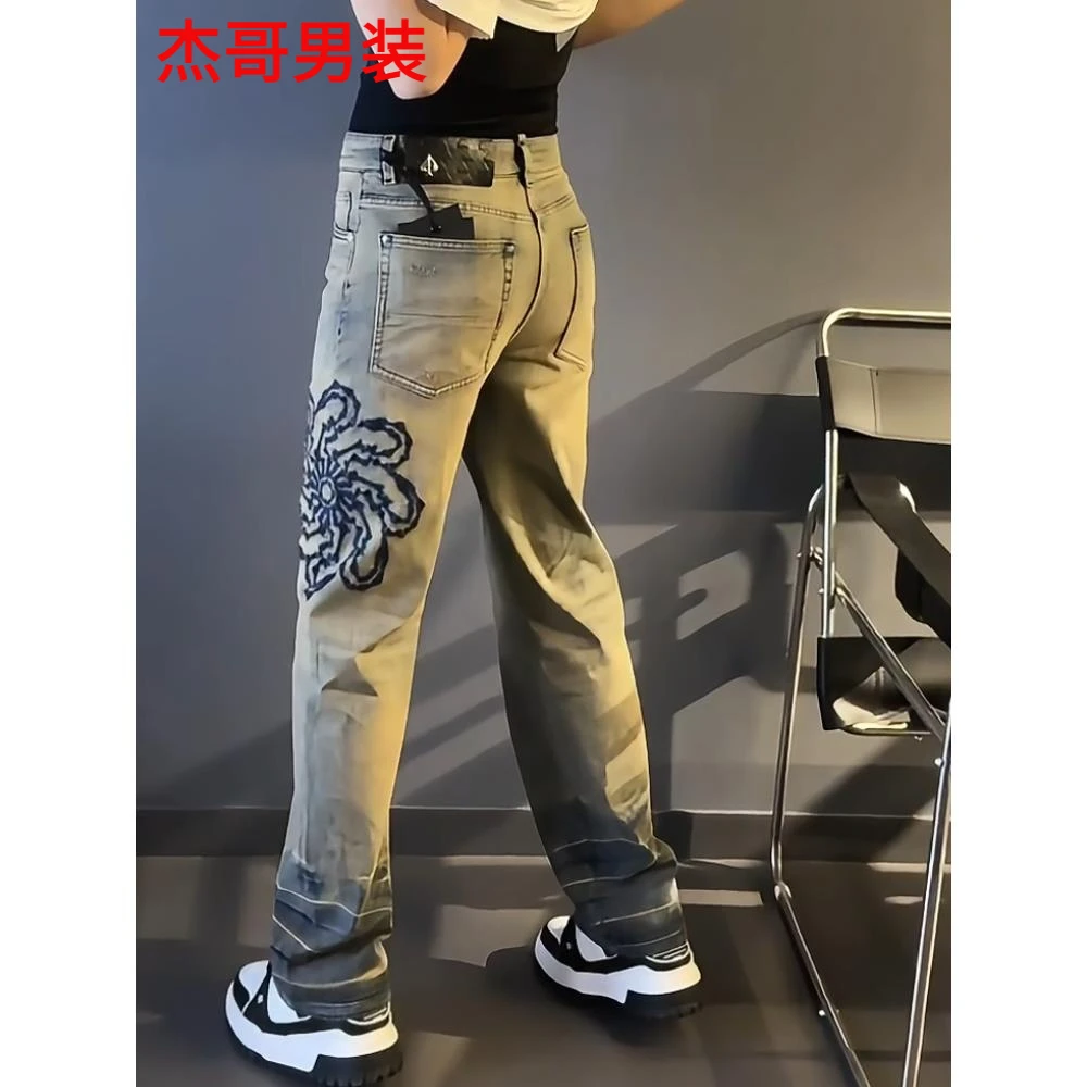 轻奢男装大码潮牌男士时尚复古设计感牛仔裤新款宽松高级感直筒裤