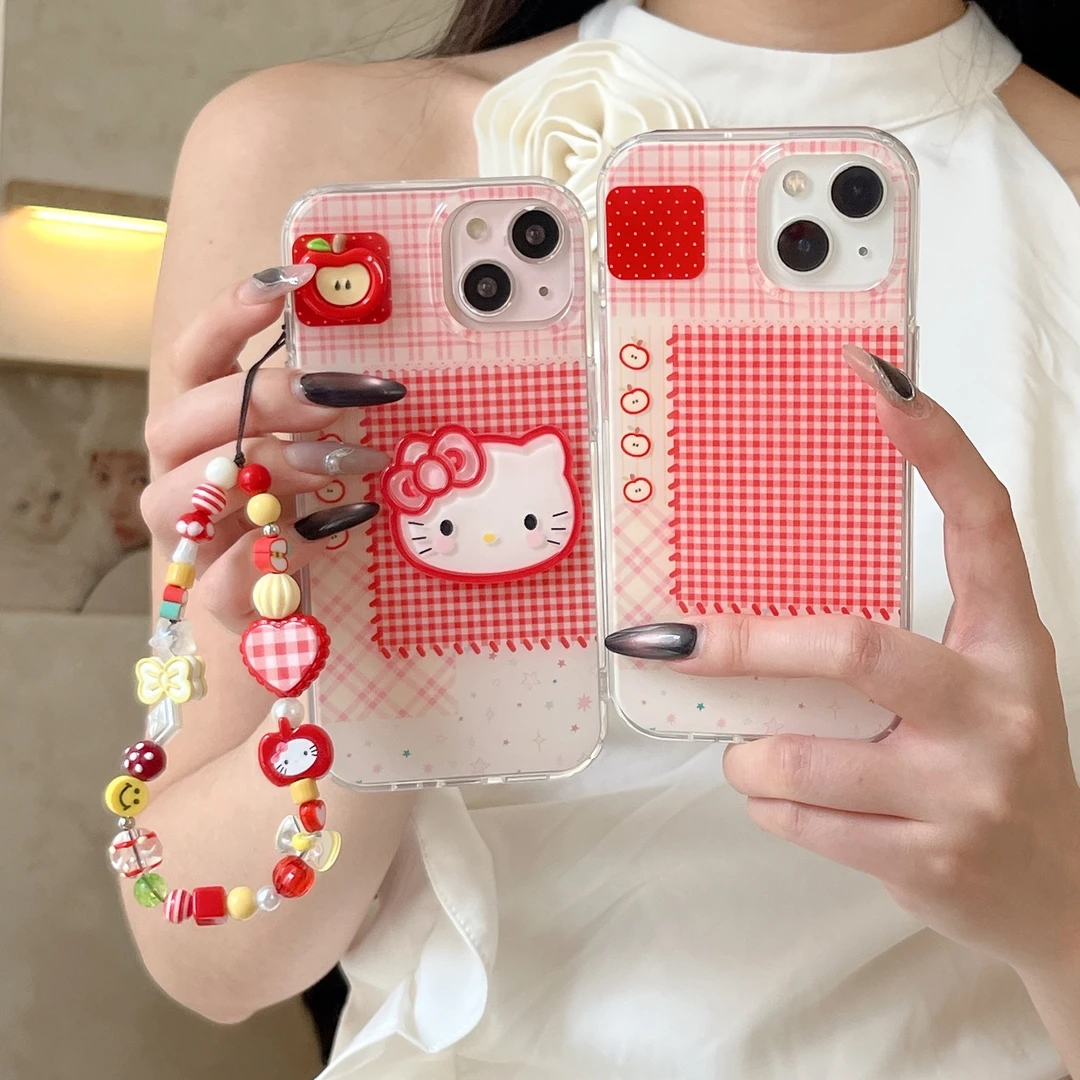 可爱格纹立体kt米菲适用苹果16promax双层iphone15手机壳14链条13