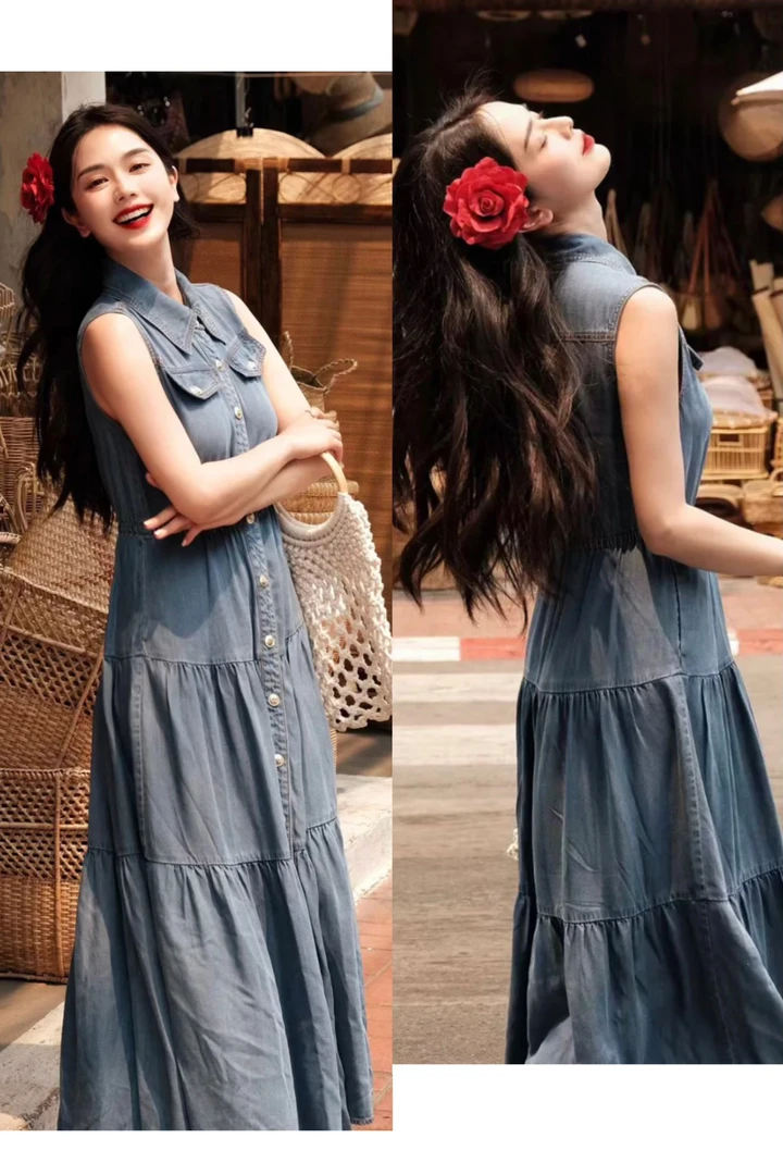 迪～2025年夏季新款通勤气质无袖长裙显瘦收腰莱赛尔牛仔连衣裙