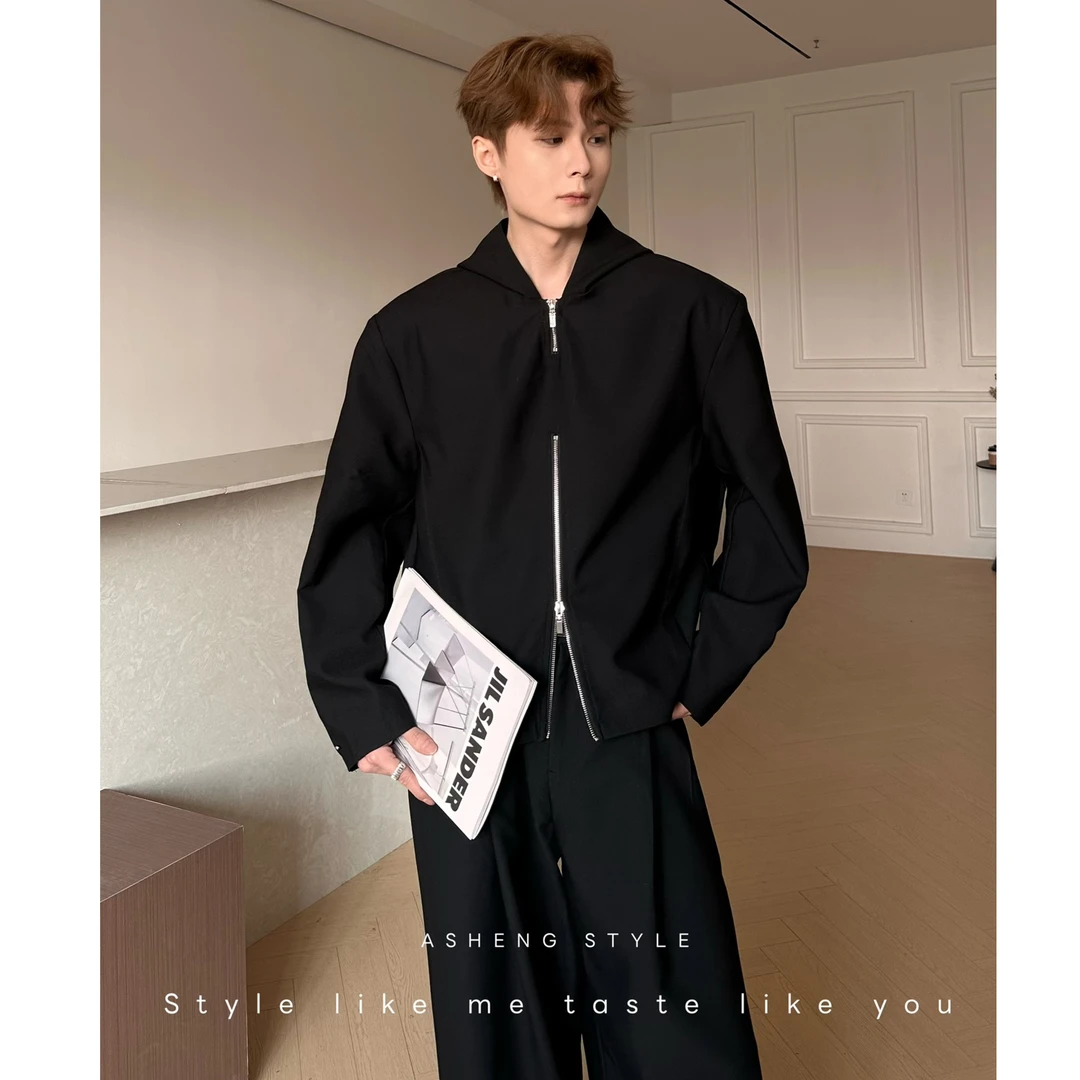 韩版简约纯色设计感连帽拉链短款夹克带垫肩时尚百搭休闲外套男