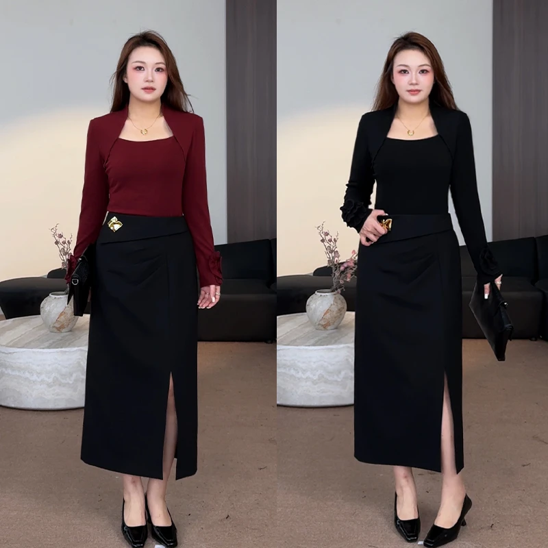 花菜微胖定制~【红人酒馆】秋季新款气质法式浪漫玫瑰上衣+半裙