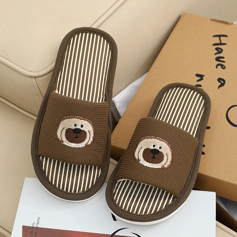 四季通用棉麻地板鞋女卡通可爱小狗空调房吸汗居家亚麻拖鞋女夏季