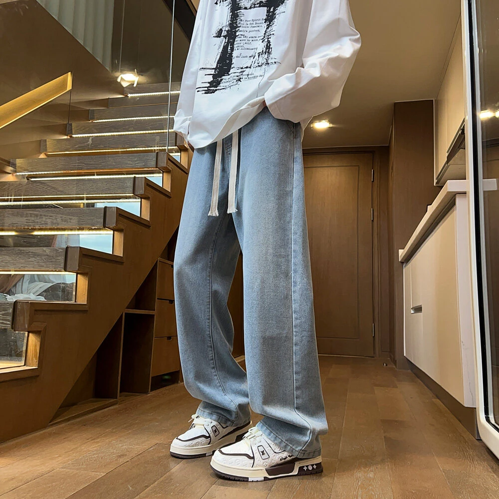 春季牛仔裤男款春秋款青少年学生宽松阔腿裤子休闲直筒