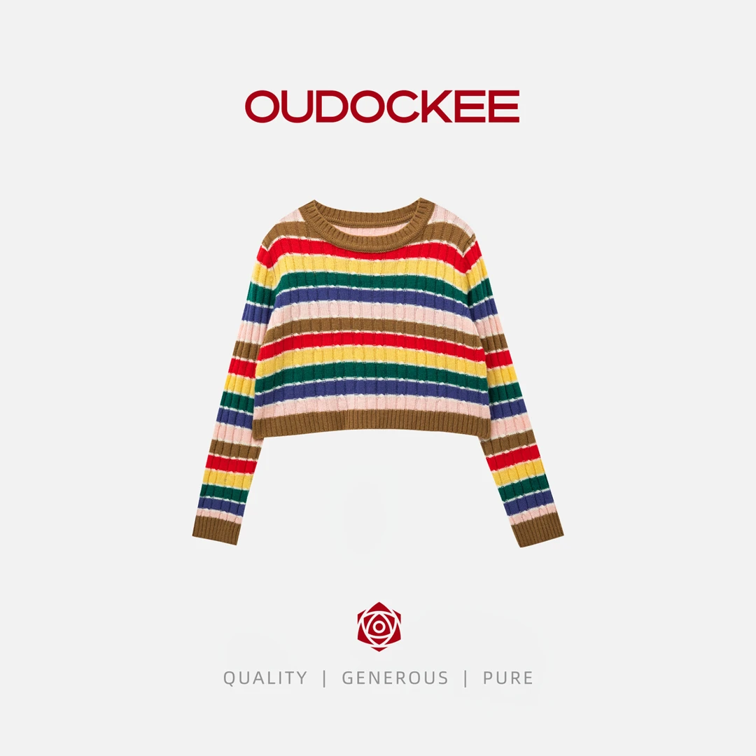 OUDOCKEE 鸥纪儿【绵羊毛】彩虹 条纹拼接圆领针织衫 M2503G585T
