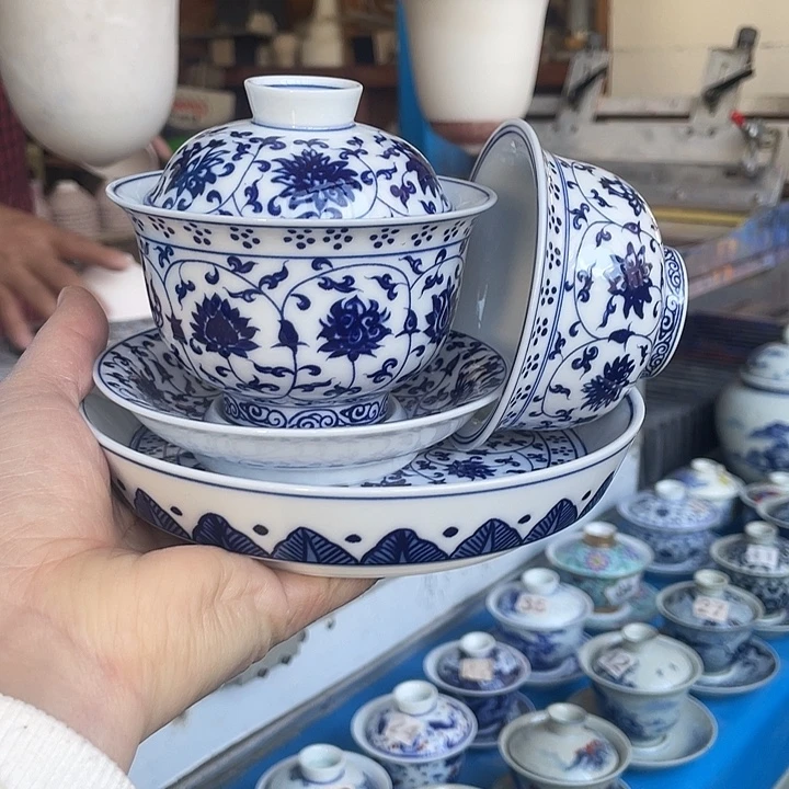 青花釉下彩盖碗杯子壶承