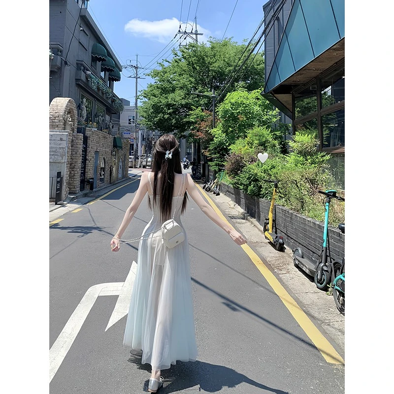 白水女【人鱼公主】薄荷绿氛围气质两件套设计感修身网纱连衣裙长裙