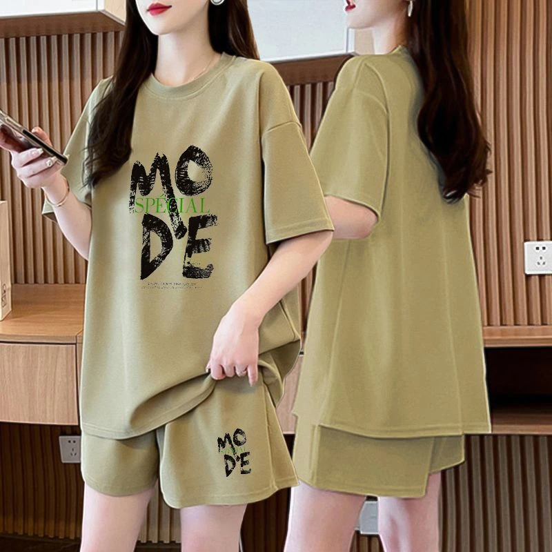 休闲宽松纯棉百搭运动套装女夏季2025新款韩版大码短袖短裤两件套
