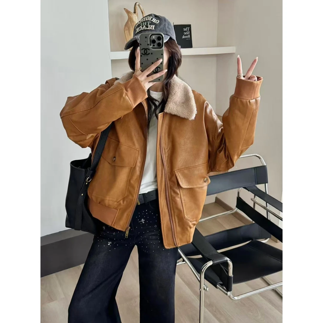 SP 港风复古怀旧羽绒pu皮防风长袖毛领拉链皮衣外套女羽绒外套