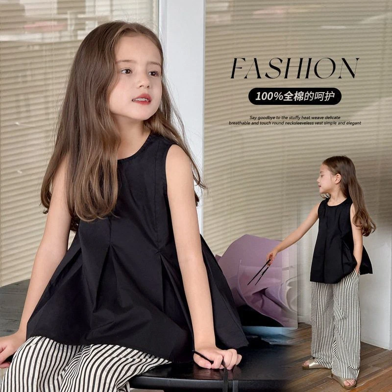 图图小象女童娃娃衫2025夏季新款女童无袖衫赫本风纯棉小黑裙童装