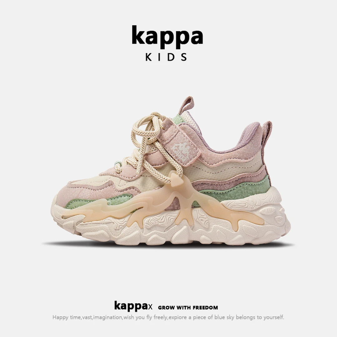 Kappa Kids中大童时尚透气运动鞋男女童魔术贴软底轻便厚底老爹鞋