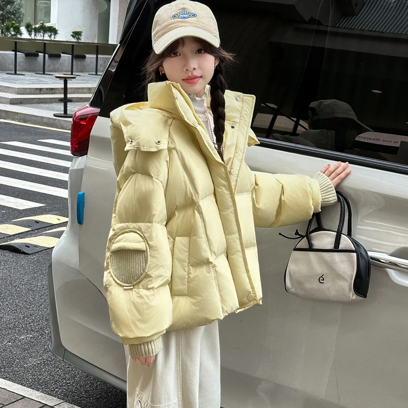 女童羽绒服2025冬季高端新款洋气女孩短款白鸭绒加厚连帽保暖外套