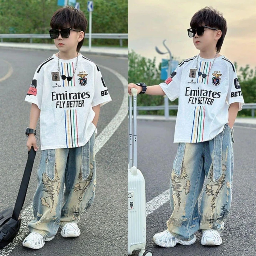 戴拉【商场同款】儿童夏季时尚潮流套装2025新款中大童男宝痞帅印花
