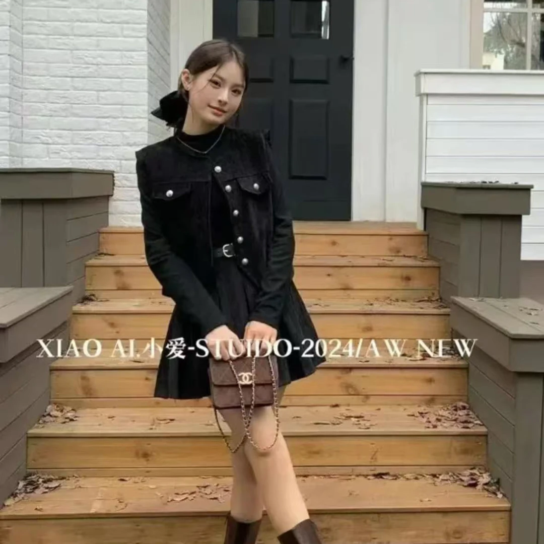 【晴儿家】秋季新款法式小香风马甲搭配长袖打底衫搭配百褶裙8760