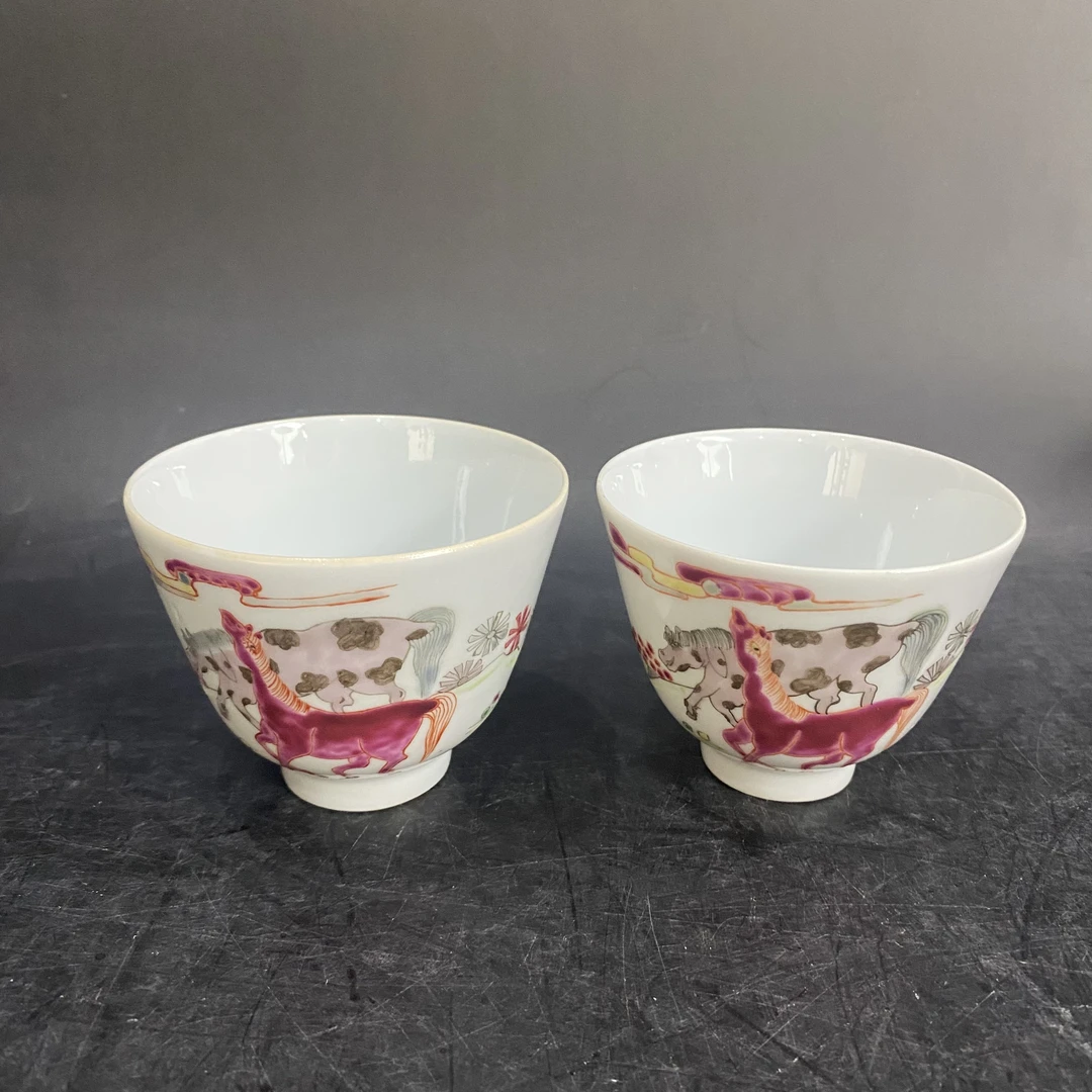 969 粉彩马到成功主人杯一对