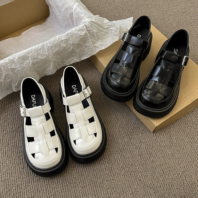 玛丽珍小皮鞋女2025春夏季英伦风厚底复古编织镂空乐福凉鞋