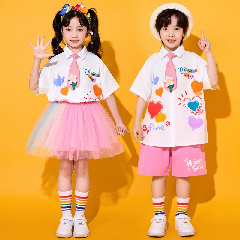 幼儿园六一儿童啦啦队表演服装粉色爱心衬衫毕业演出服小学生班服