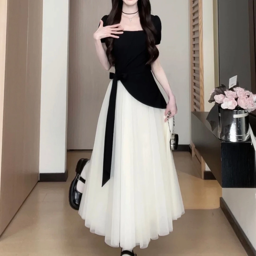 新款连衣裙夏季丧大码气质微胖撞色收腰褶皱丧设计感