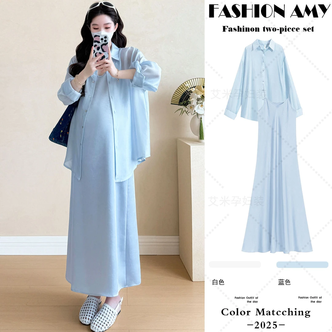 孕妇套装夏装新款时尚韩版气质薄款设计感防晒衬衫显瘦缎面吊带裙