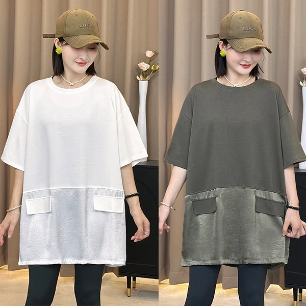 夏季新欧货纯色简约气质拼接假口袋T恤时尚休闲宽松显瘦遮肉上衣