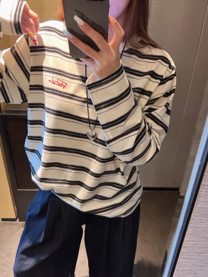 条纹手账长袖T恤女韩系百搭圆领蓝白条上衣ins#z1787