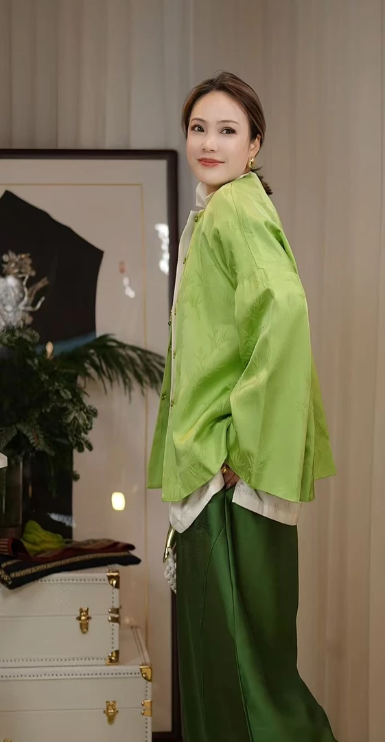 【春意盎然】新中式秋冬国风提花圆领上衣醋酸绿外套GT-WT-0155