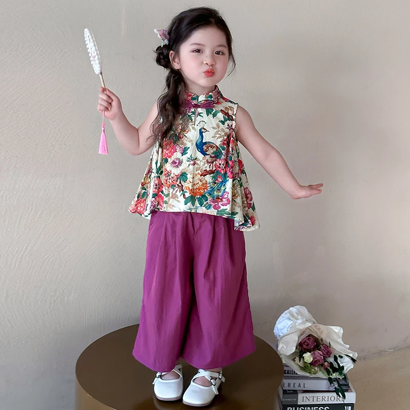 女童新中式无袖套装洋气儿童夏季新款女宝宝国风两件套女孩阔腿裤