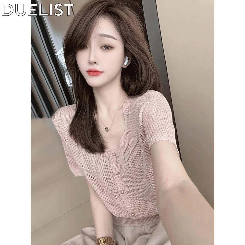 DUELIST粉色领薄款镂空针织衫针织短袖女士新款爆款夏季漂亮上衣
