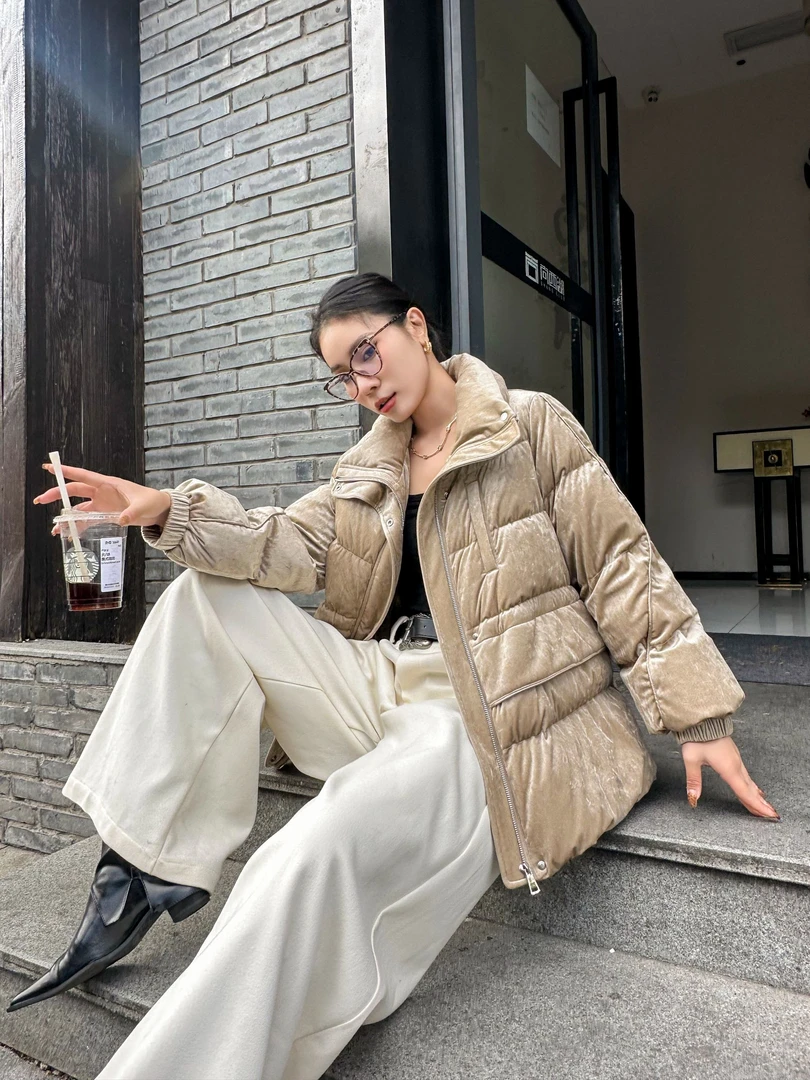 【琪的style】 885388女宽松短款立领秋冬连帽厚款纯色小个子街头风