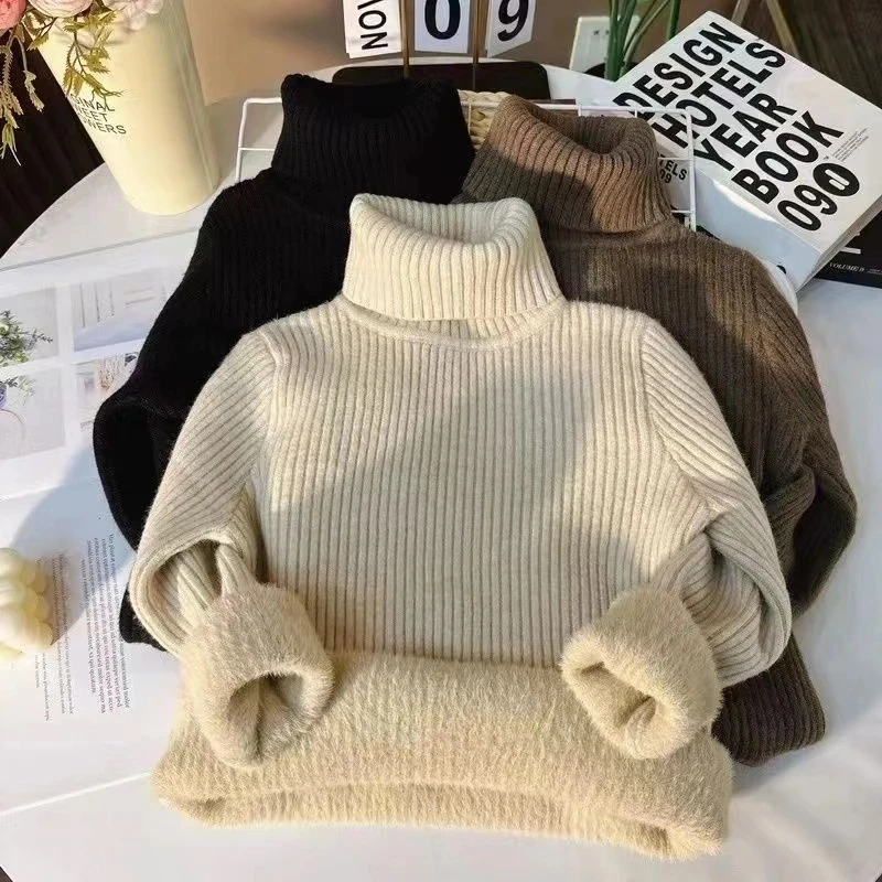 童装加厚毛衣男女童新款一体绒毛线衣加绒高领打底衫冬季百搭修身