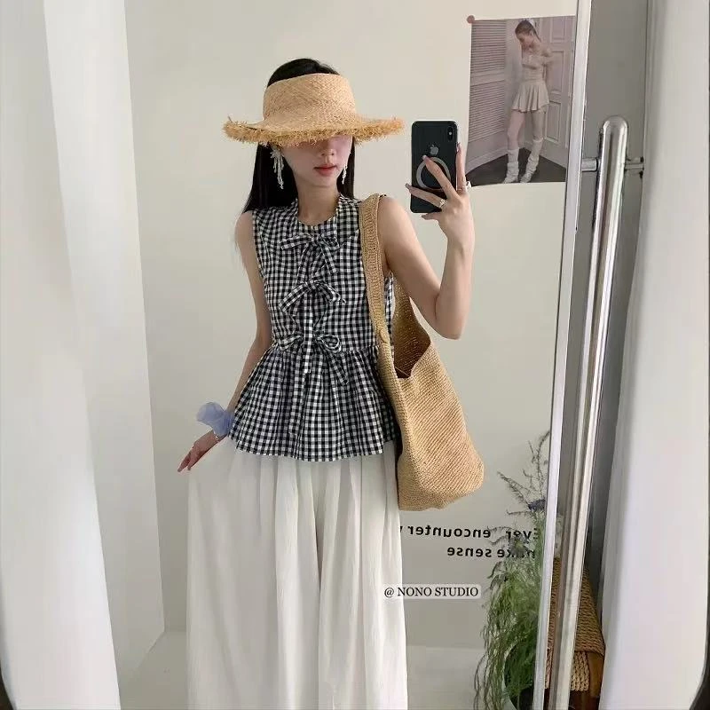 夏季新款复古法式甜美百搭格子系带蝴蝶结无袖背心小个子小衫