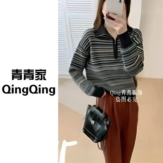 青青家 新春新款时尚百搭高领复古百搭半拉链毛衣-2575