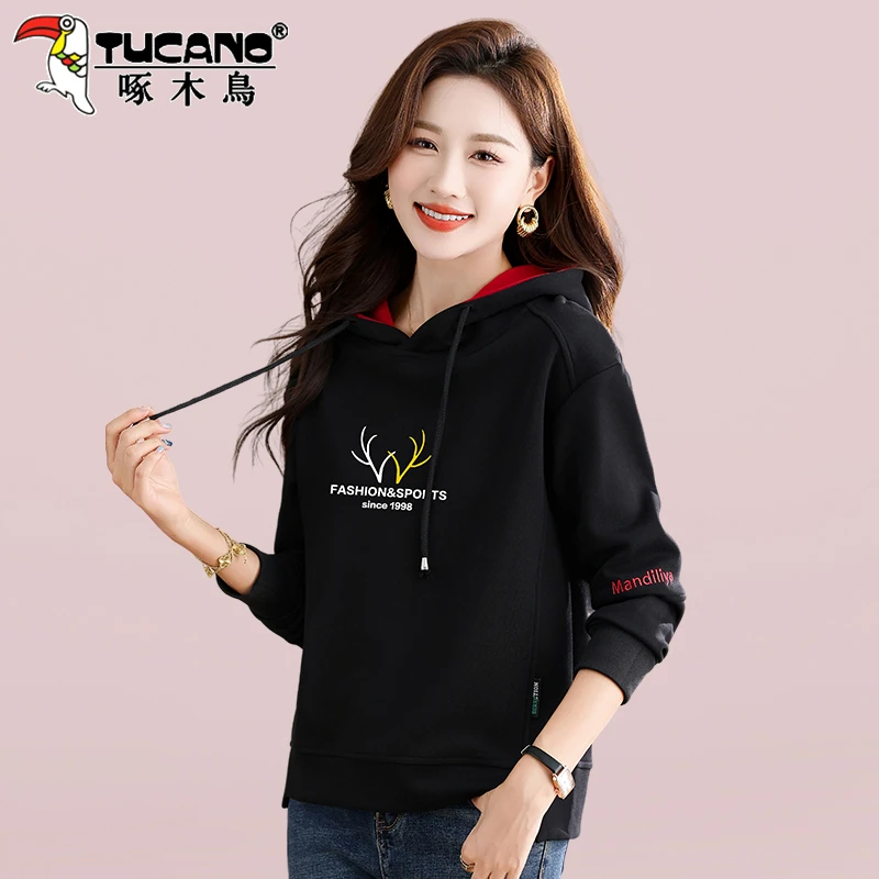啄木鸟黑色连帽卫衣女春秋2025新款爆款宽松减龄休闲女士长袖上衣