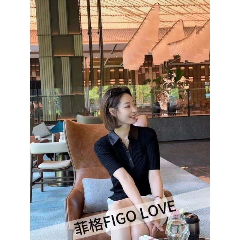 FIGO LOVE 早秋通勤精致拼接领16针坑条气质款Polo针织上衣13889