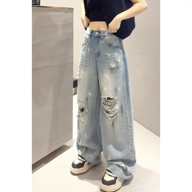 艾塔莉破洞窄版时髦阔腿裤牛仔裤女夏季新款胖mm显瘦直筒裤弯刀裤