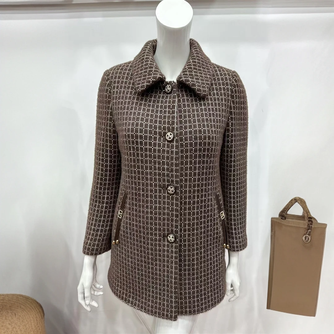 毛呢格子外套女保暖舒适中长款减龄中老年妈妈款气质风衣