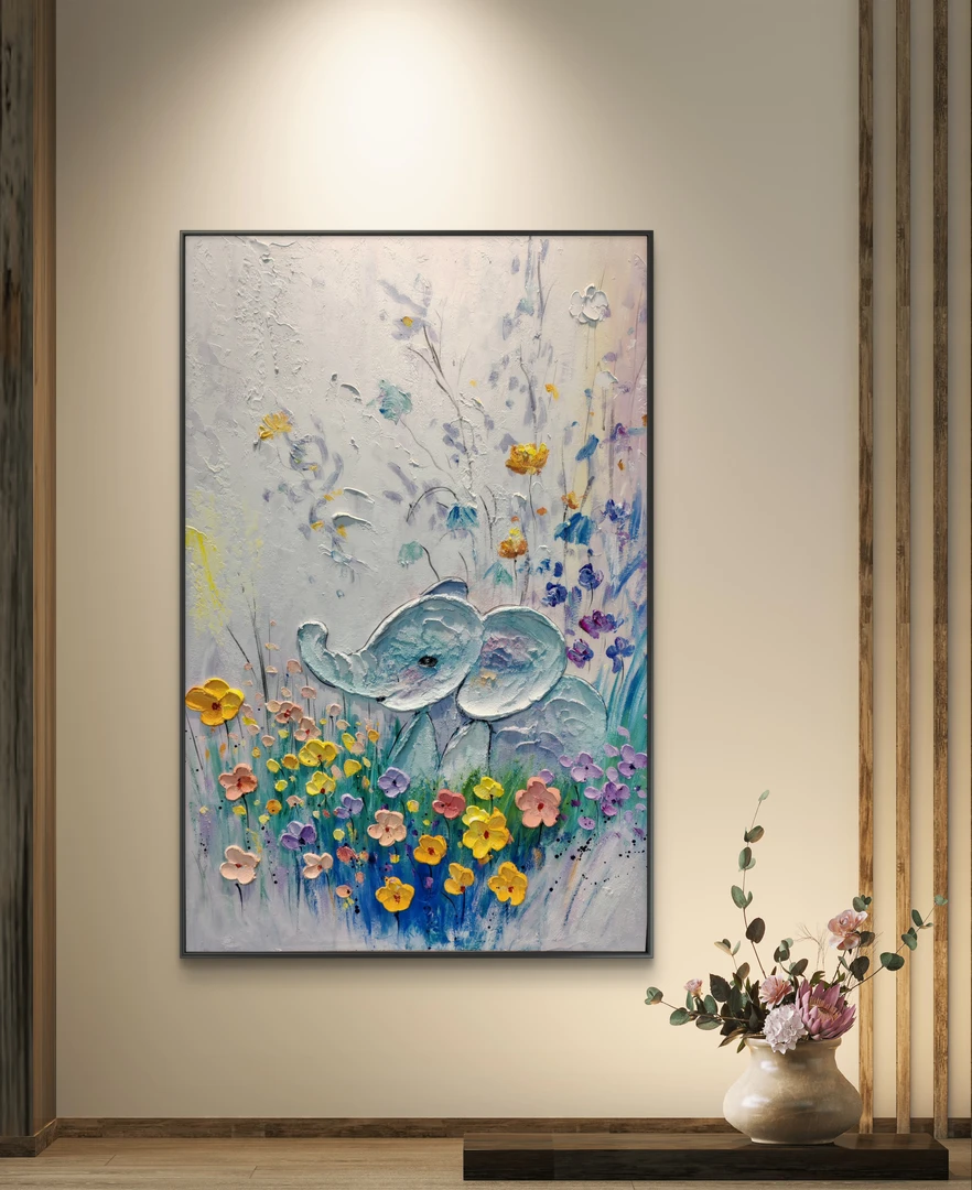 《象隐繁花》轻奢高级感小象油画玄关手工diy沙发背景装饰画