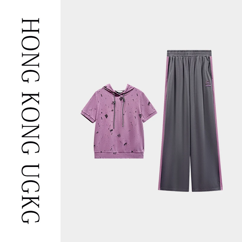 香港UGKG 紫色轻奢高级感套装中老年连帽短袖t恤女绝美穿搭两件套